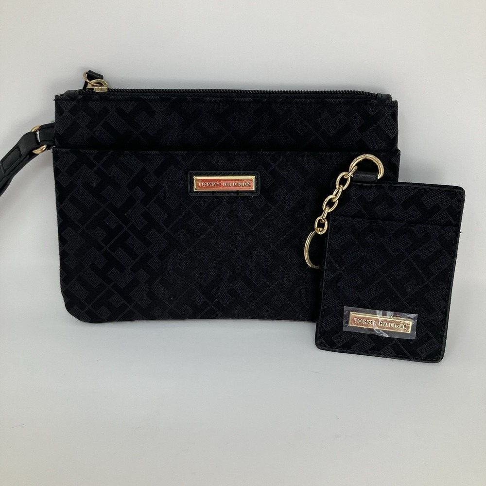 Tommy Hilfiger Black Monogram Wristlet Pouch & Detachable Card Holder ID Case